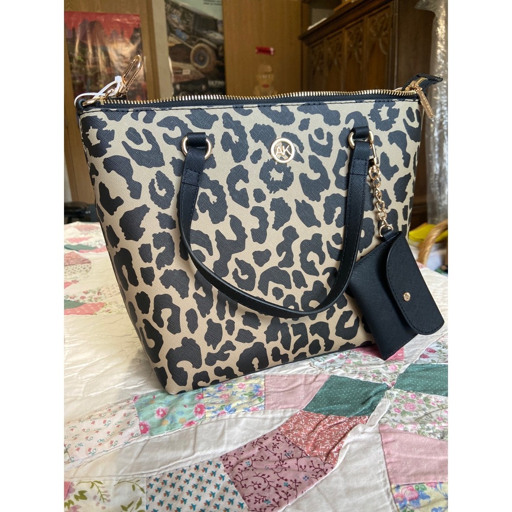 Anne Klein Leopard Print Crossbody Tote Bag Black Tan Animal Gold Hardware NWOT
